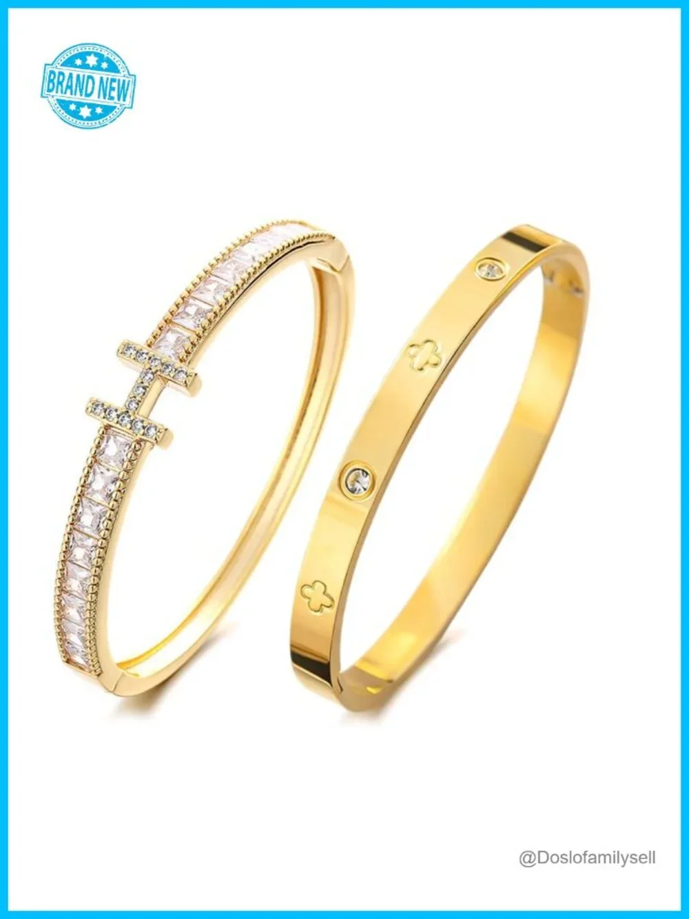 18K Gold Plated Cubic Zirconia Bangle Bracelet Set, Stackable H & Love Bangles